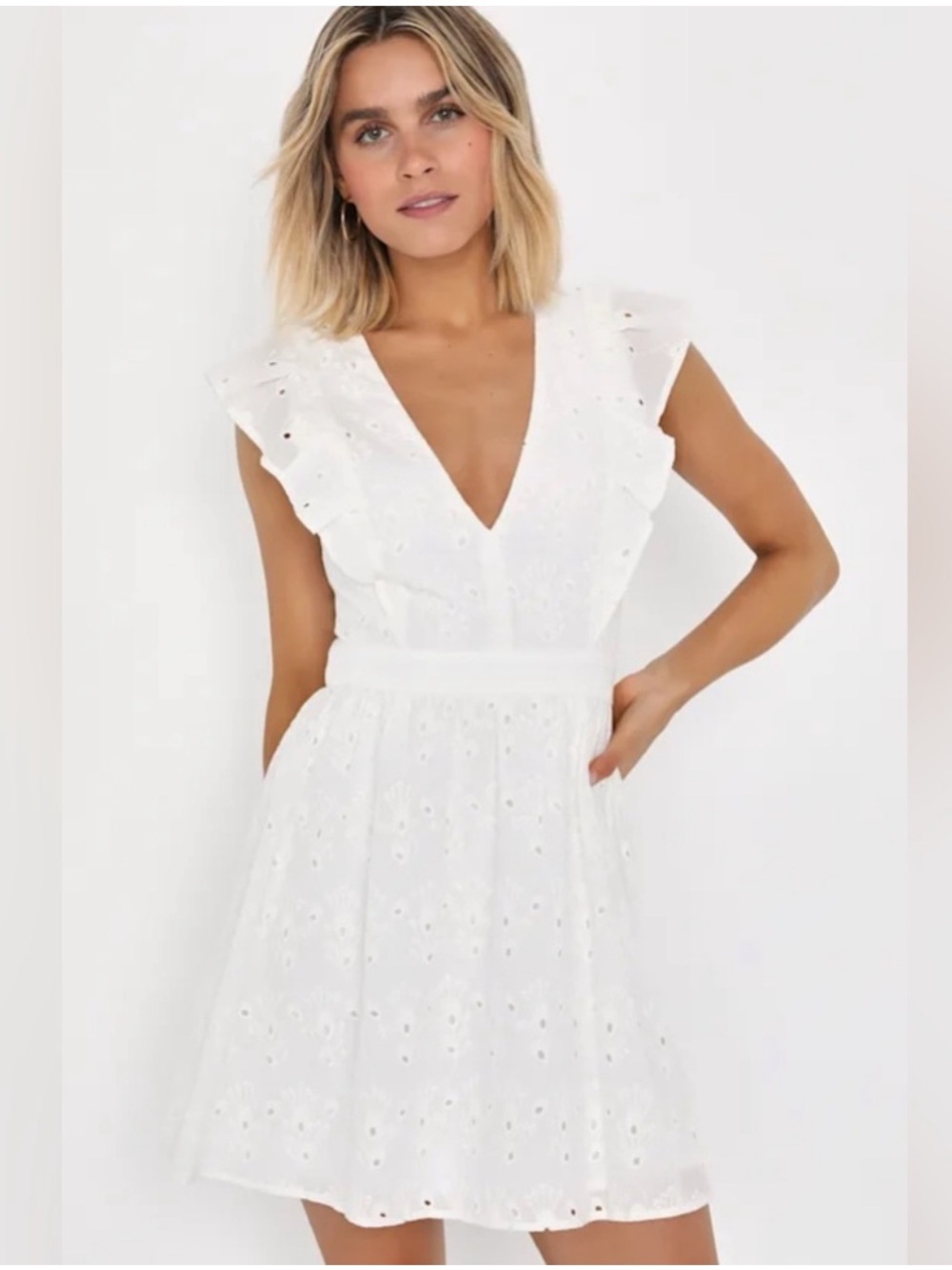 Lulus Flirtatious in Florence White Ruffled Eyelet Cotton Mini Dress Sz M